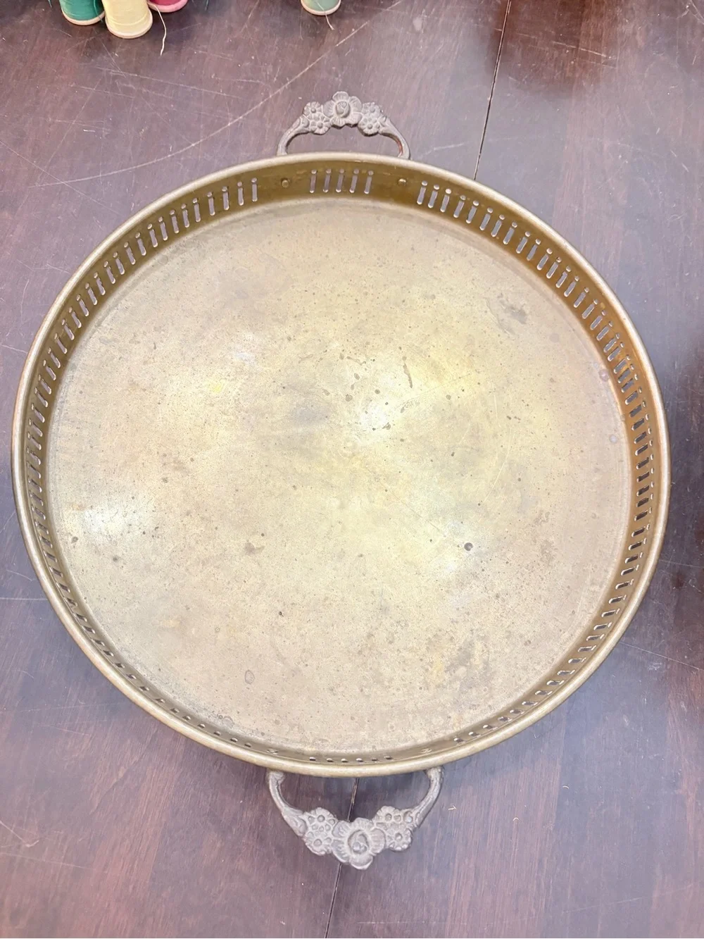 Vintage Brass Gallery Tray, Ornate Floral Handles